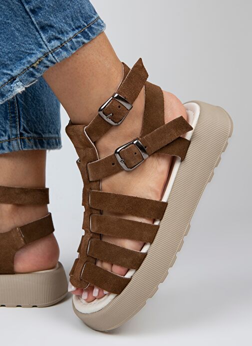 Manijero Koyu Taba Kadın Süet Sandalet MNJ.036.03 - Görsel 2