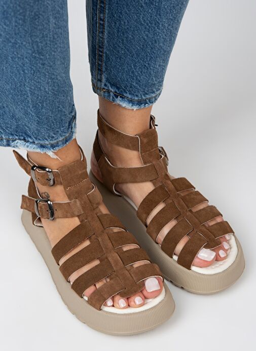 Manijero Koyu Taba Kadın Süet Sandalet MNJ.036.03 - Görsel 4
