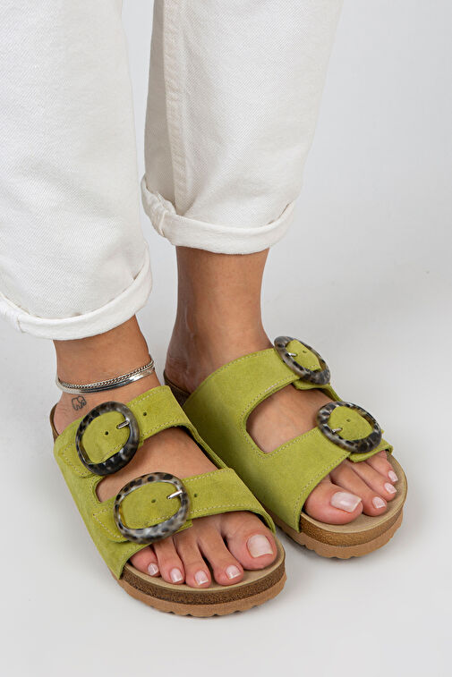 Manijero Drina Kadın Hakiki Deri Çift Tokalı Fıstık Yeşili Terlik - Görsel 4