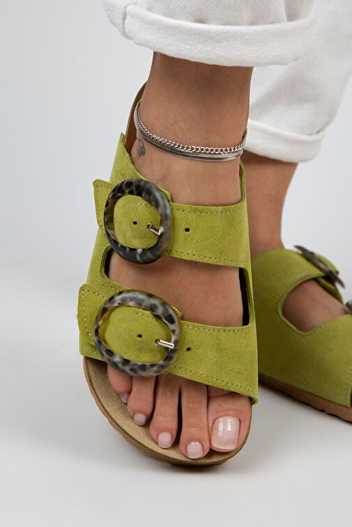 Manijero Drina Kadın Hakiki Deri Çift Tokalı Fıstık Yeşili Terlik - Görsel 5