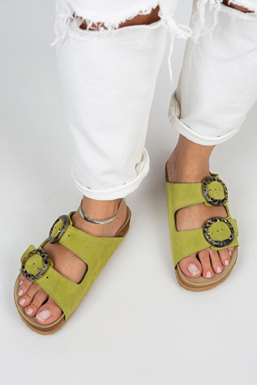 Manijero Drina Kadın Hakiki Deri Çift Tokalı Fıstık Yeşili Terlik - Görsel 6