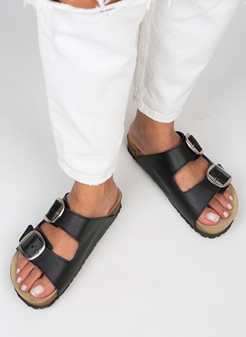 Manijero Siyah-Gümüş Kadın Deri Terlik MNJ.010.20 - Görsel 2