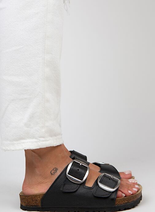 Manijero Siyah-Gümüş Kadın Deri Terlik MNJ.010.20 - Görsel 3