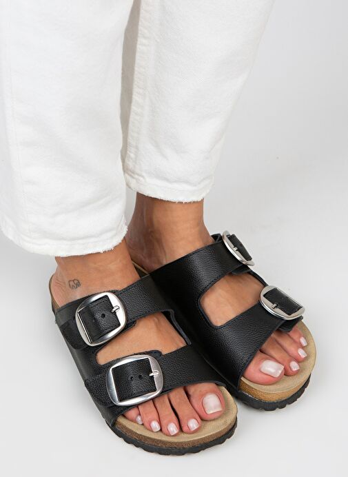 Manijero Siyah-Gümüş Kadın Deri Terlik MNJ.010.20 - Görsel 4