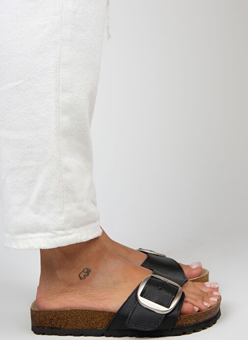 Manijero Jade Kadın Hakiki Deri Tek Toka Siyah-Gümüş Terlik - Görsel 3