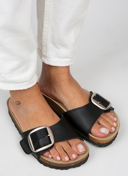 Manijero Jade Kadın Hakiki Deri Tek Toka Siyah-Gümüş Terlik - Görsel 4