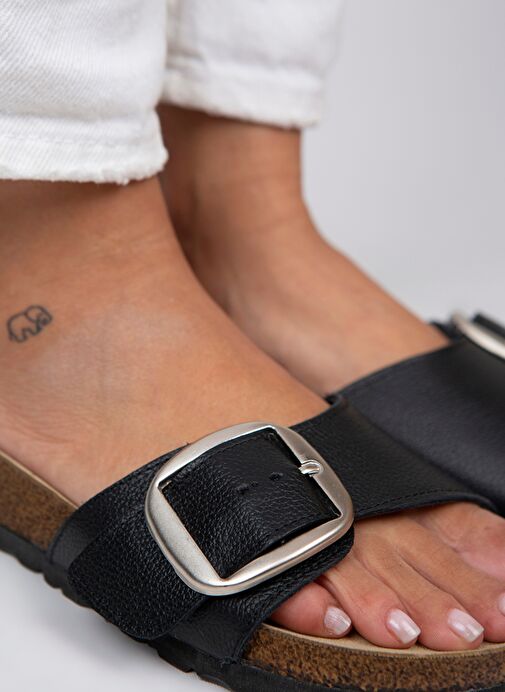 Manijero Jade Kadın Hakiki Deri Tek Toka Siyah-Gümüş Terlik - Görsel 5