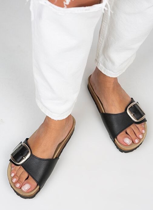 Manijero Jade Kadın Hakiki Deri Tek Toka Siyah-Gümüş Terlik - Görsel 2