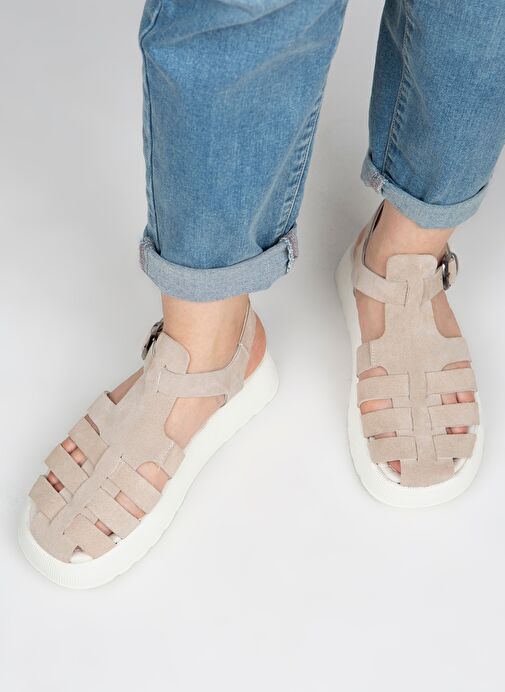 Manijero Bej-Beyaz Kadın Deri Sandalet MNJ.034.10 - Görsel 4