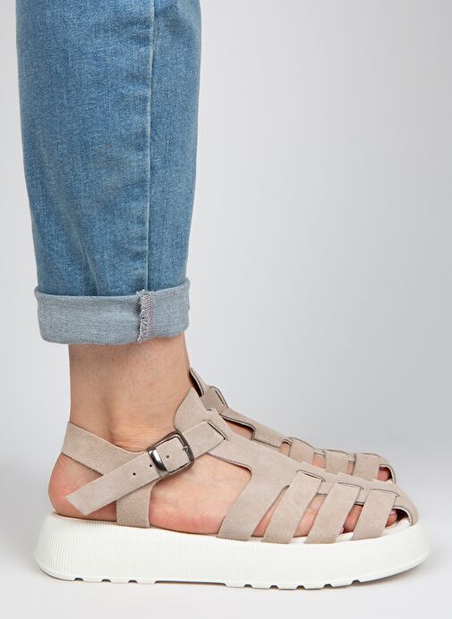 Manijero Bej-Beyaz Kadın Deri Sandalet MNJ.034.10 - Görsel 8