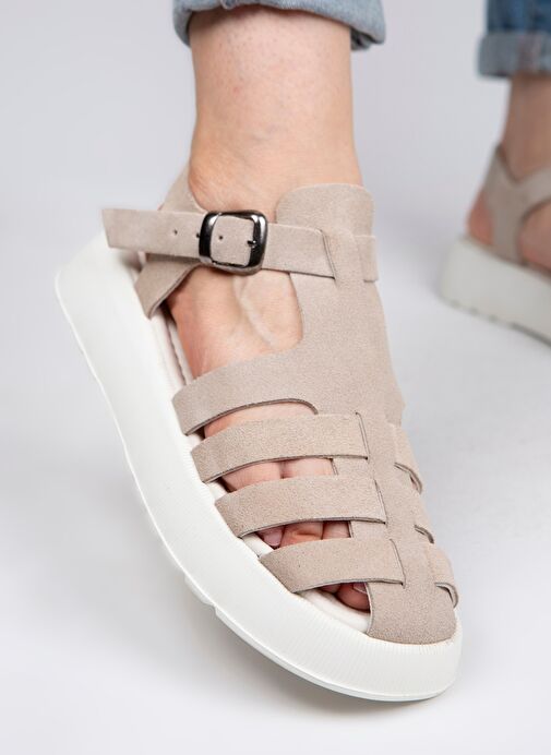 Manijero Bej-Beyaz Kadın Deri Sandalet MNJ.034.10 - Görsel 3