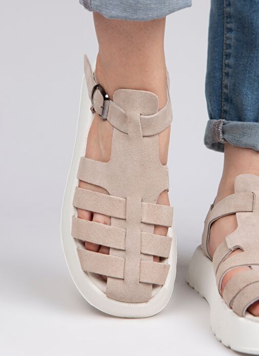 Manijero Bej-Beyaz Kadın Deri Sandalet MNJ.034.10 - Görsel 2