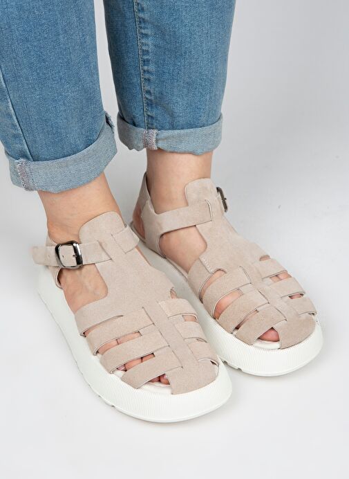 Manijero Bej-Beyaz Kadın Deri Sandalet MNJ.034.10 - Görsel 5