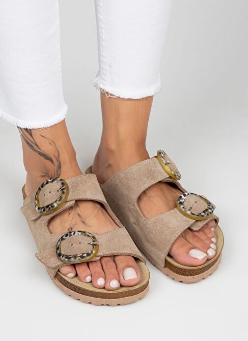 Manijero Drina Kadın Hakiki Deri Çift Tokalı Vizon Terlik - Görsel 2