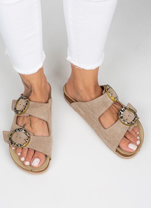 Manijero Drina Kadın Hakiki Deri Çift Tokalı Vizon Terlik - Görsel 6