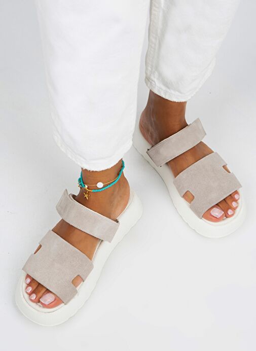 Manijero Bej-Beyaz Kadın Deri Terlik MNJ.031.12 - Görsel 6