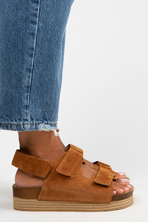 Manijero Emilia Kadın Hakiki Deri Çift Cırtlı Taba Sandalet - Görsel 2