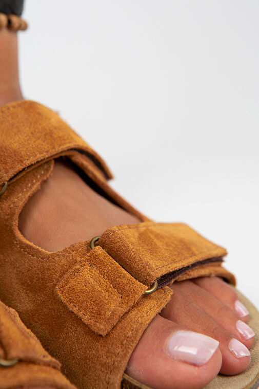 Manijero Emilia Kadın Hakiki Deri Çift Cırtlı Taba Sandalet - Görsel 4