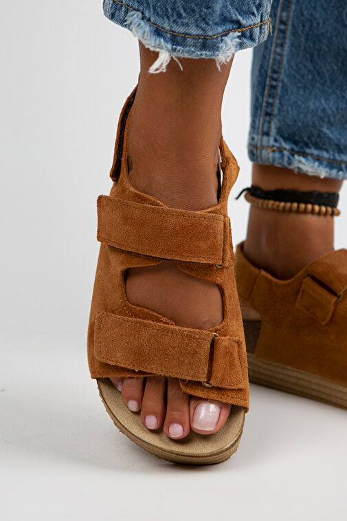 Manijero Emilia Kadın Hakiki Deri Çift Cırtlı Taba Sandalet - Görsel 5