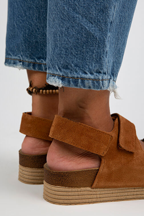 Manijero Emilia Kadın Hakiki Deri Çift Cırtlı Taba Sandalet - Görsel 7