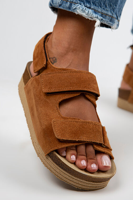 Manijero Emilia Kadın Hakiki Deri Çift Cırtlı Taba Sandalet - Görsel 8