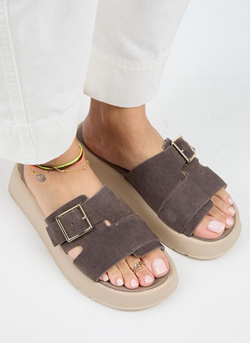 Manijero Begonia Kadın Hakiki Deri Tokalı Kahverengi Terlik - Görsel 4