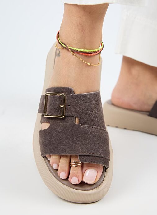 Manijero Begonia Kadın Hakiki Deri Tokalı Kahverengi Terlik - Görsel 7