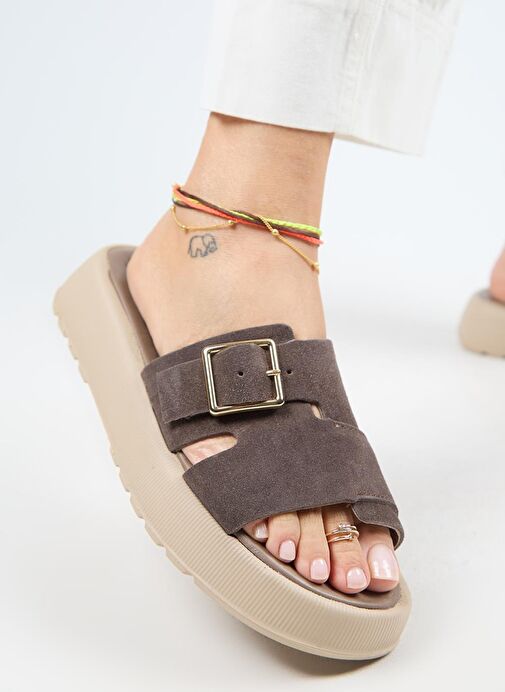 Manijero Begonia Kadın Hakiki Deri Tokalı Kahverengi Terlik - Görsel 6