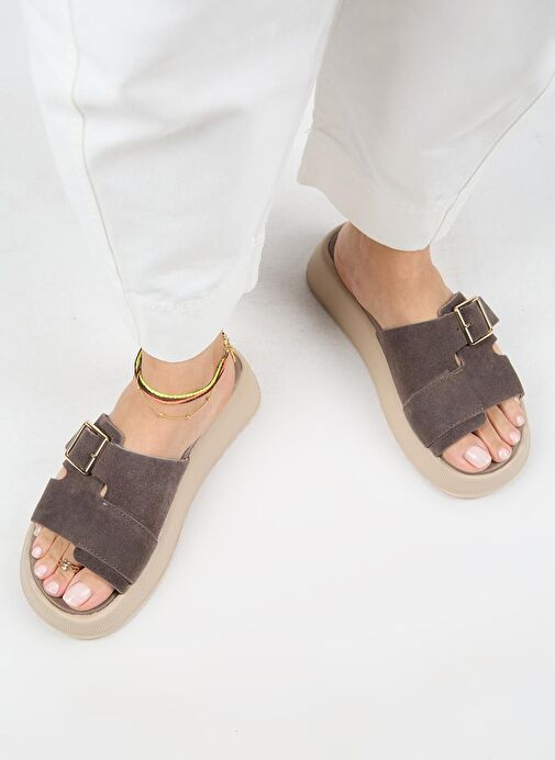 Manijero Begonia Kadın Hakiki Deri Tokalı Kahverengi Terlik - Görsel 8