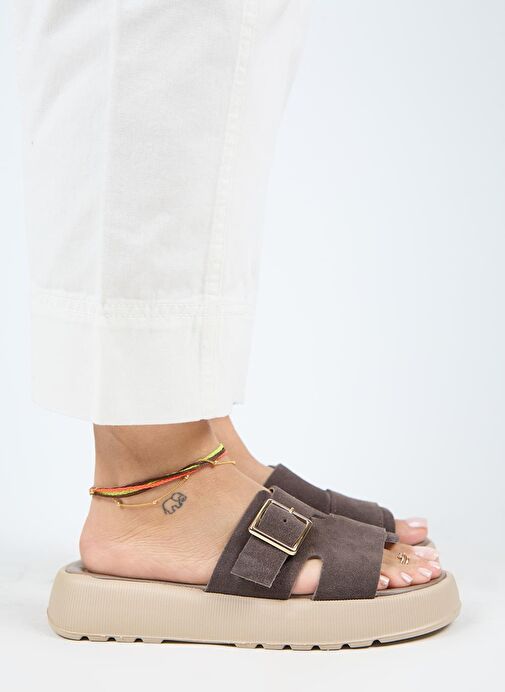 Manijero Begonia Kadın Hakiki Deri Tokalı Kahverengi Terlik - Görsel 3