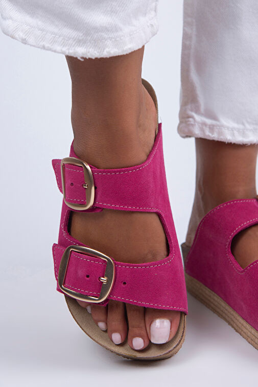 Manijero Selina Kadın Hakiki Deri Çift Tokalı Fuşya - Gold Terlik - Görsel 5