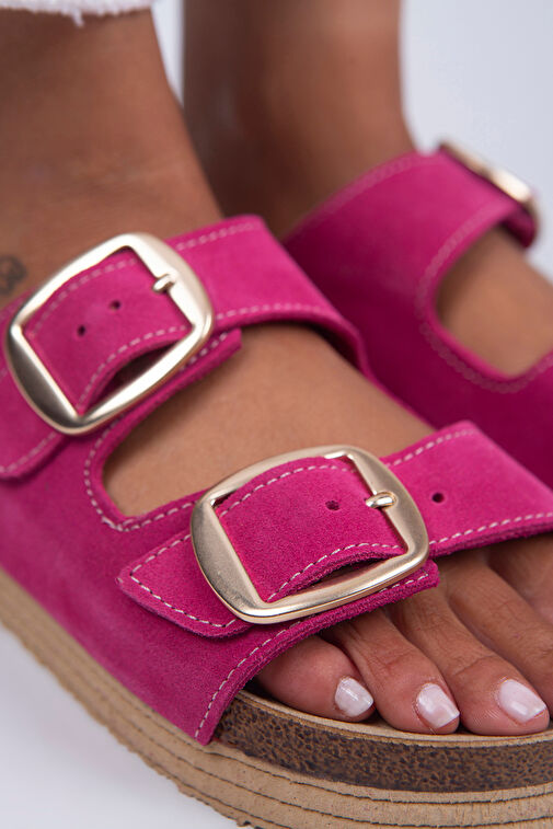 Manijero Selina Kadın Hakiki Deri Çift Tokalı Fuşya - Gold Terlik - Görsel 6