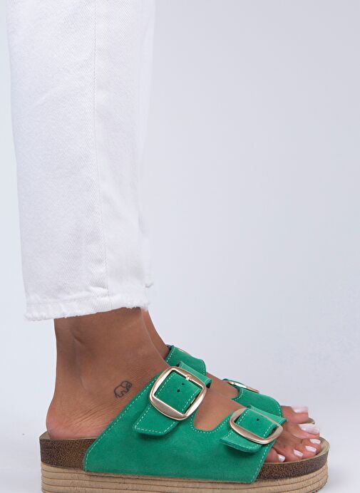 Manijero Yeşil-Gold Kadın Deri Terlik MNJ.038.07 - Görsel 2