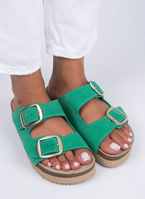 Manijero Yeşil-Gold Kadın Deri Terlik MNJ.038.07 - Görsel 3