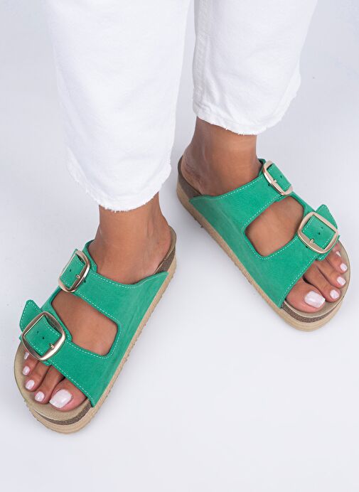 Manijero Yeşil-Gold Kadın Deri Terlik MNJ.038.07 - Görsel 6