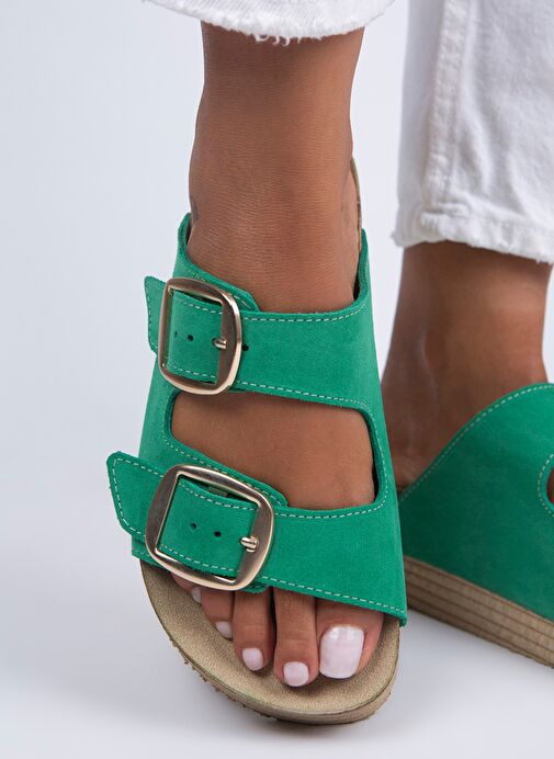 Manijero Yeşil-Gold Kadın Deri Terlik MNJ.038.07 - Görsel 5