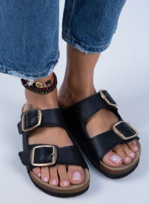 Manijero Siyah-Gold Kadın Deri Terlik MNJ.010.26 - Görsel 4