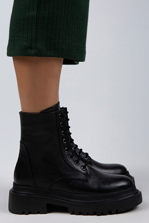 Manijero Becca Kadın Hakiki Deri Bağcıklı Fermuarlı Siyah Bot - Görsel 4