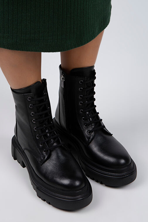 Manijero Becca Kadın Hakiki Deri Bağcıklı Fermuarlı Siyah Bot - Görsel 5