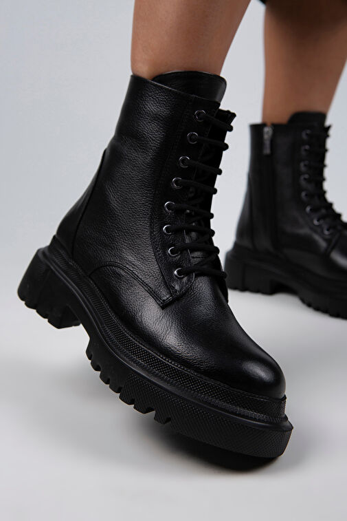 Manijero Becca Kadın Hakiki Deri Bağcıklı Fermuarlı Siyah Bot - Görsel 7