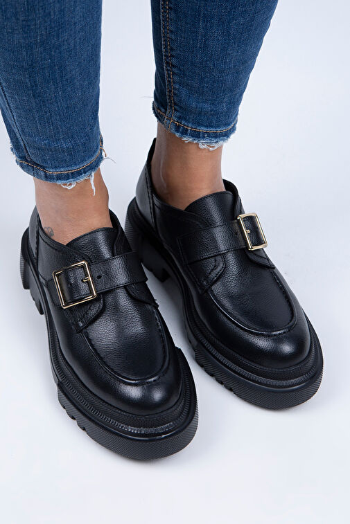 Manijero Gloria Kadın Hakiki Deri Loafer Kemerli Tokalı Siyah Ayakkabı - Görsel 2