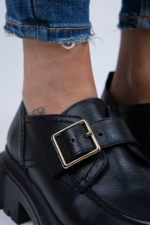 Manijero Gloria Kadın Hakiki Deri Loafer Kemerli Tokalı Siyah Ayakkabı - Görsel 4