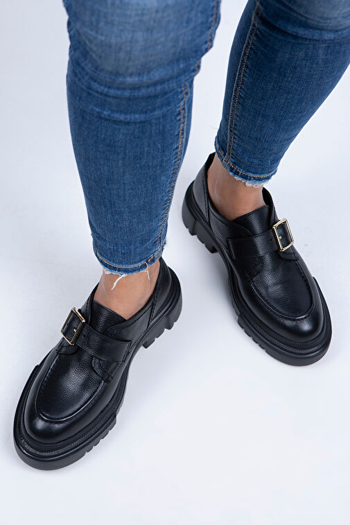 Manijero Gloria Kadın Hakiki Deri Loafer Kemerli Tokalı Siyah Ayakkabı - Görsel 6