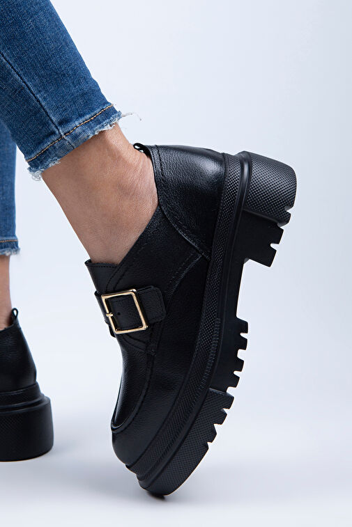 Manijero Gloria Kadın Hakiki Deri Loafer Kemerli Tokalı Siyah Ayakkabı - Görsel 7