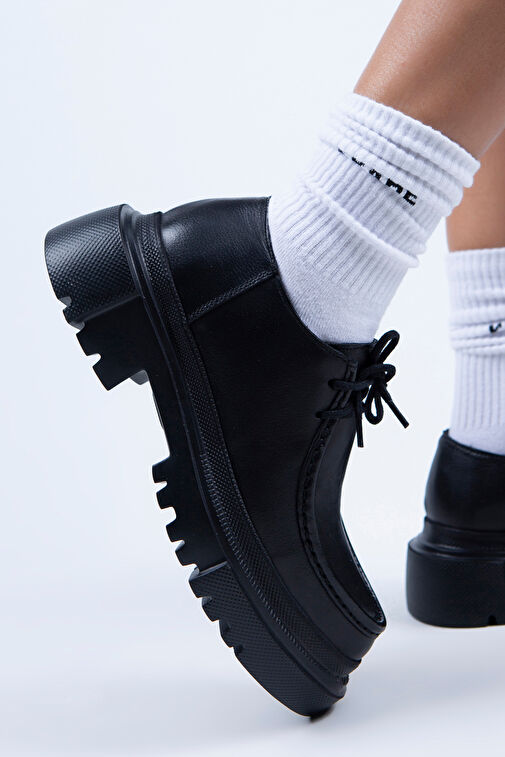 Manijero Carol Kadın Hakiki Deri Bağcıklı Siyah Ayakkabı - Görsel 6