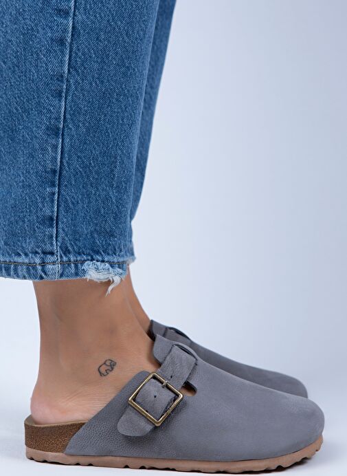 Manijero Gri Kadın Deri Terlik MNJ.077.05 - Görsel 3