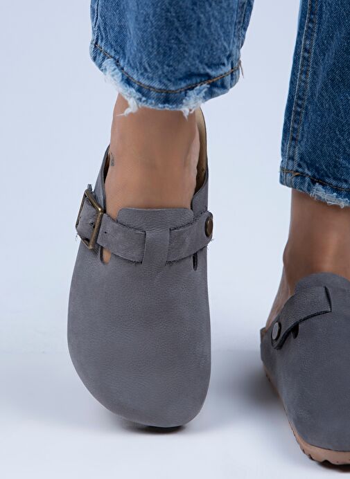 Manijero Gri Kadın Deri Terlik MNJ.077.05 - Görsel 2