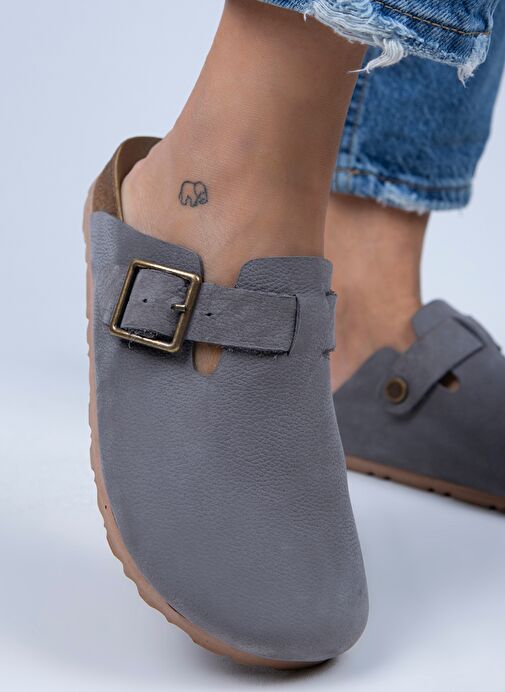 Manijero Gri Kadın Deri Terlik MNJ.077.05 - Görsel 6