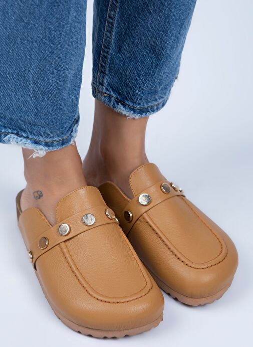 Manijero Bonita Kadın Hakiki Deri Zımbalı Taba - Gold Terlik - Görsel 2