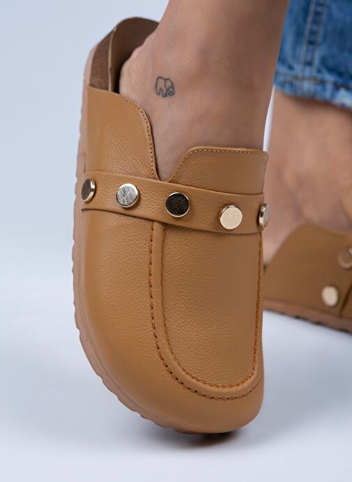 Manijero Bonita Kadın Hakiki Deri Zımbalı Taba - Gold Terlik - Görsel 5